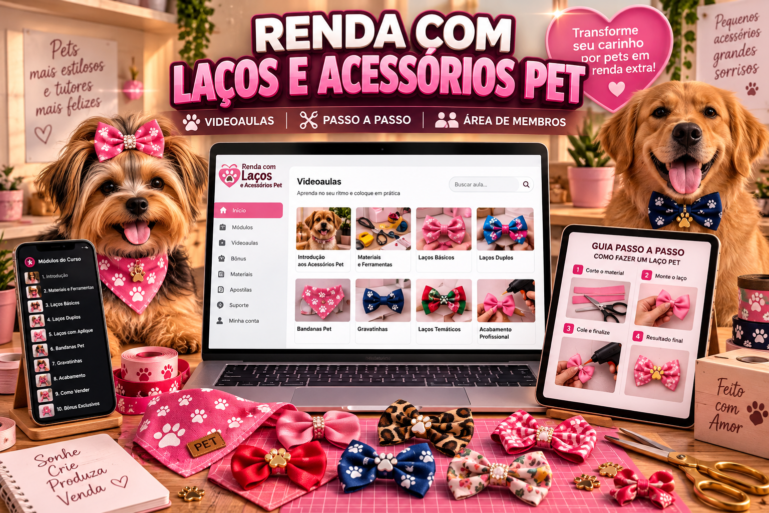 Renda com laços e acessórios pet: videoaulas e materiais para aprender a produzir peças