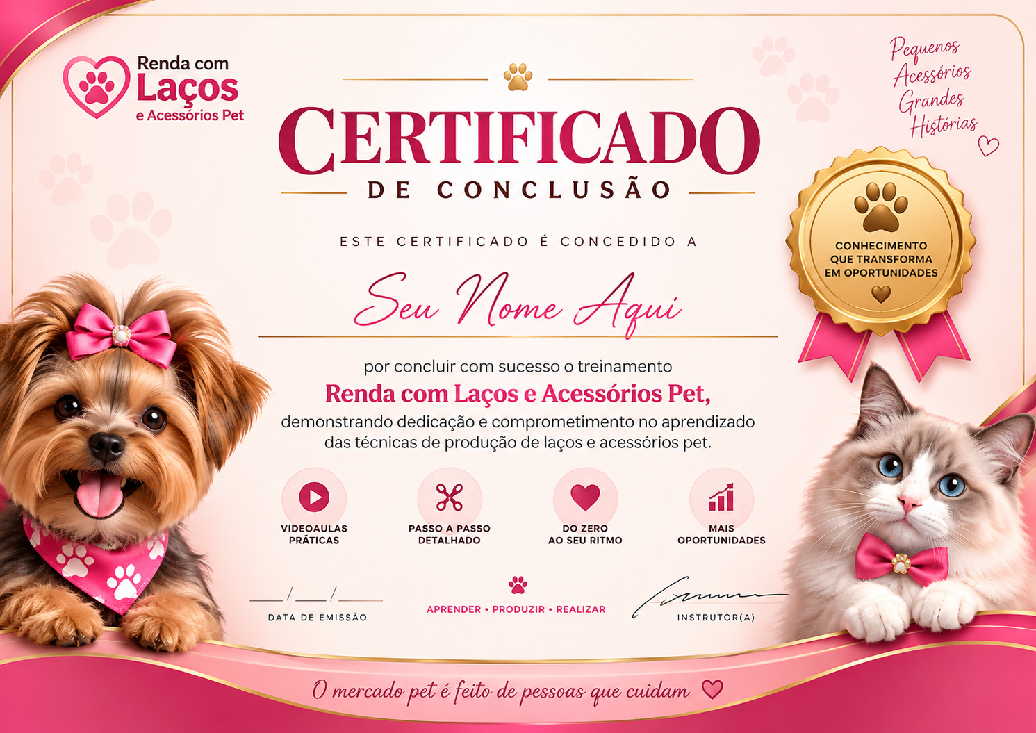 Certificado de conclusão do treinamento Renda com Laços e Acessórios Pet