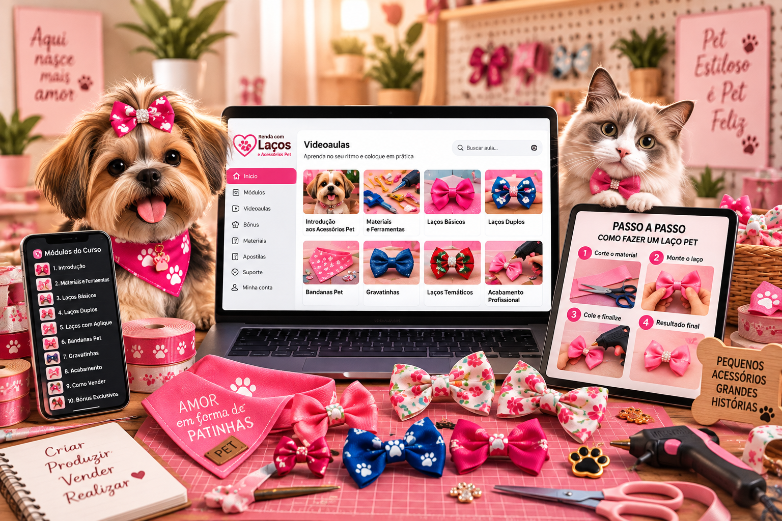 Produção de laços e acessórios para cães e gatos apresentada nas aulas do curso